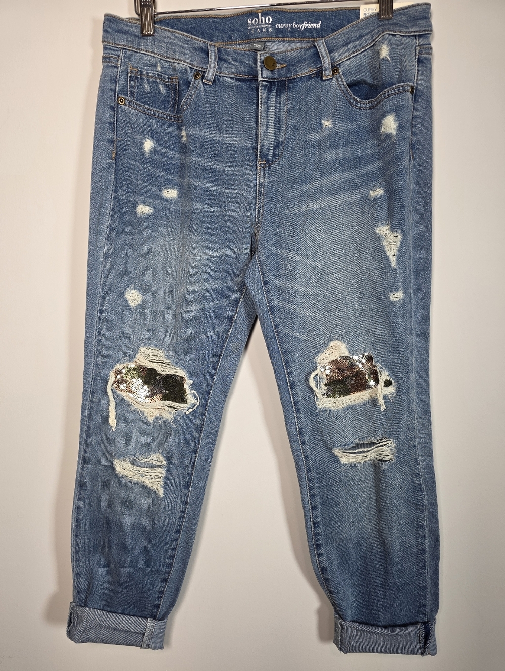 Soho Jeans Curvy Boyfriend Distressed Sequin Patch Denim Size 6